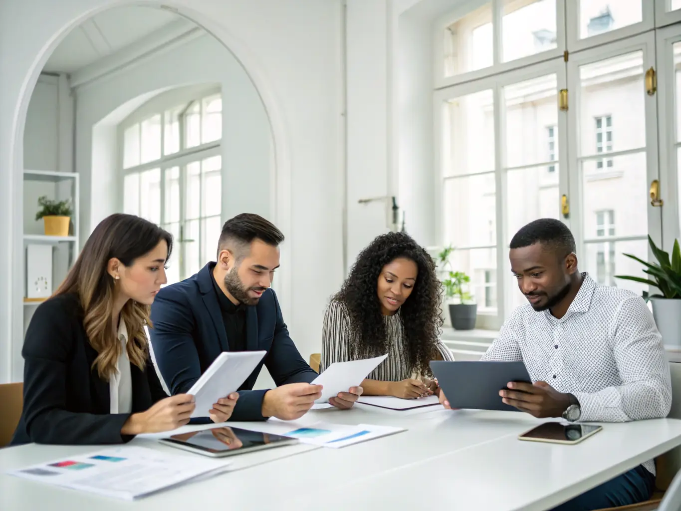 Image of a diverse team of mortgage professionals collaborating in a bright and modern office, emphasizing teamwork and expertise.