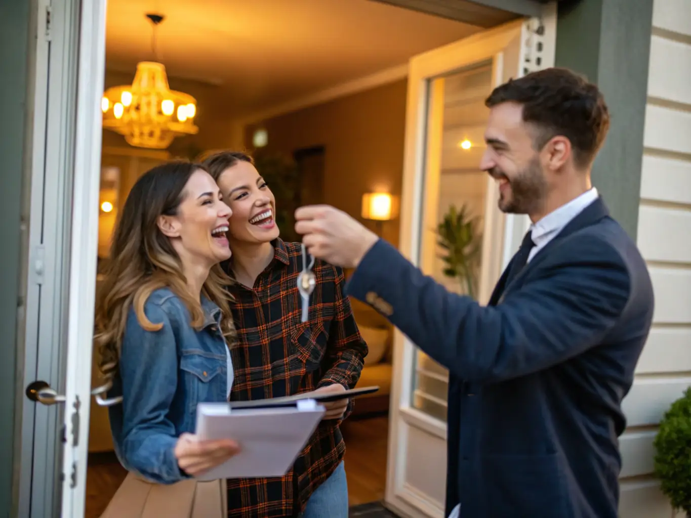Image of a couple receiving keys to their new home in front of a house, representing Mortgage Gateway's assistance in purchasing a new property.