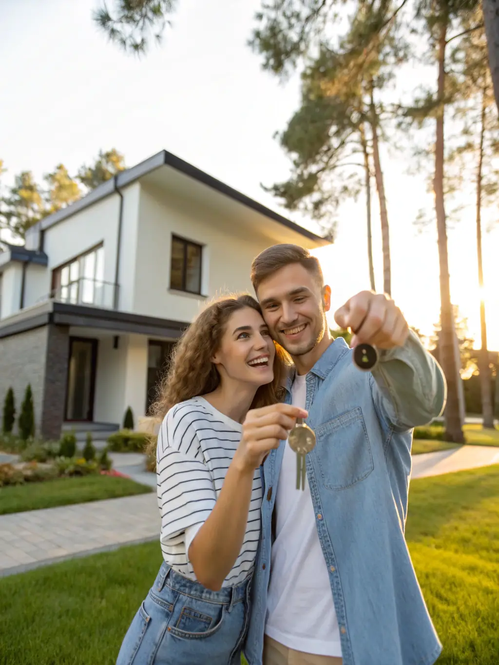 Image of a couple receiving keys to their new home in front of a house, symbolizing Mortgage Gateway's assistance in purchasing new properties.