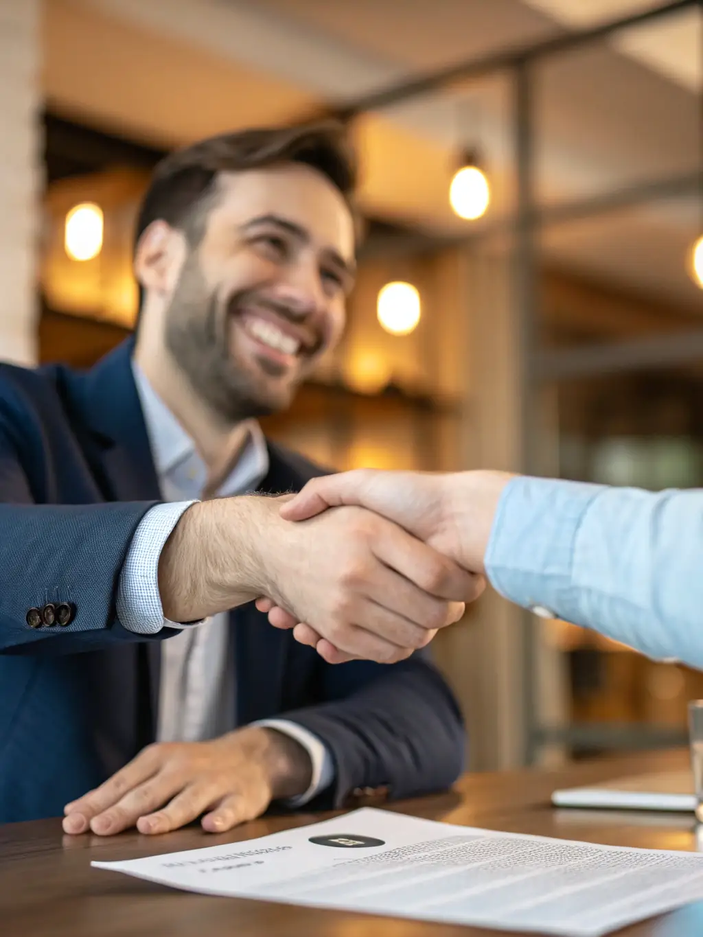 Image of a confident individual discussing documents with a broker in an office, representing Mortgage Gateway's second chance credit options.
