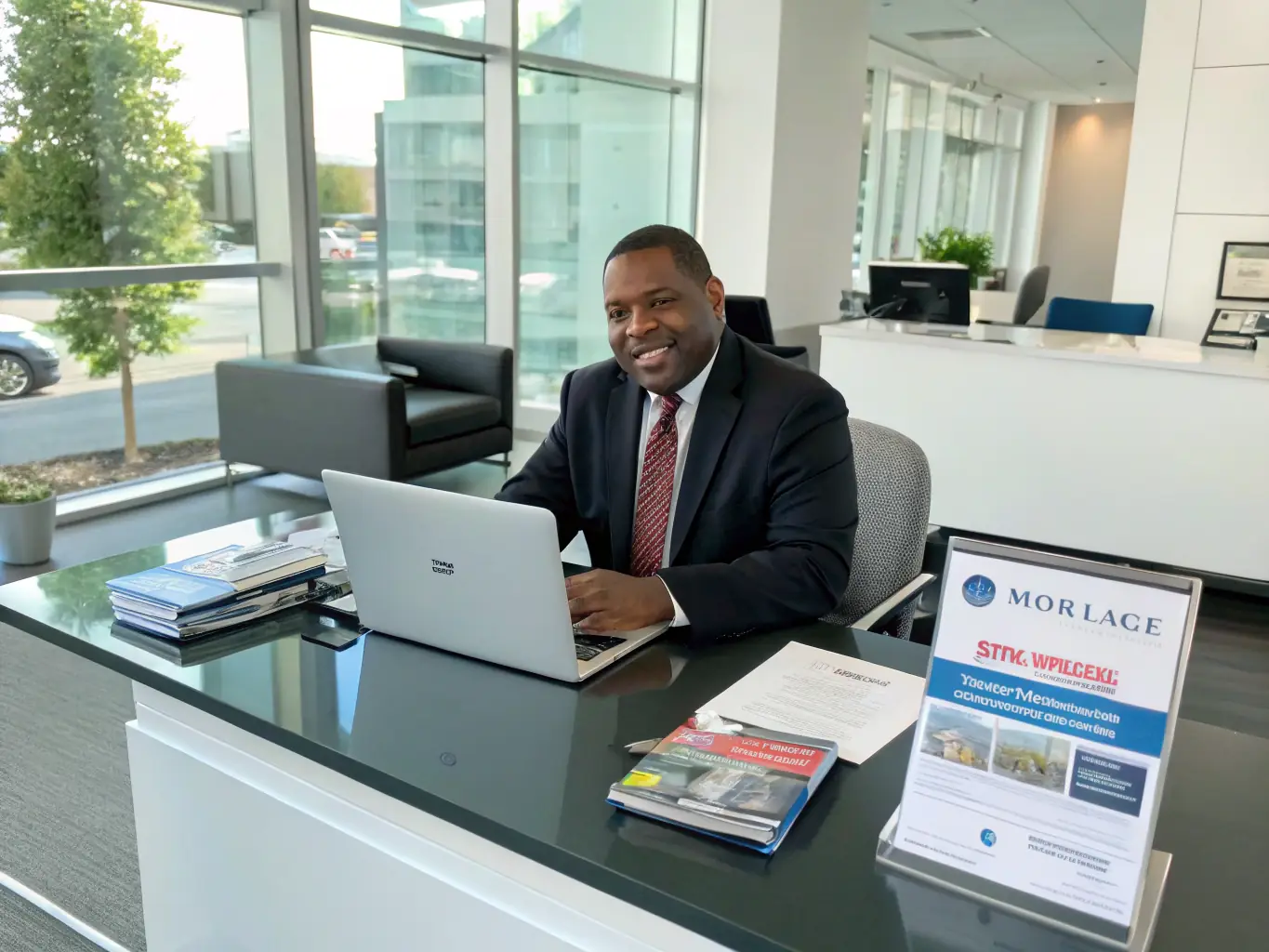 Image of a modern office setting with a mortgage broker assisting a client, showcasing a professional and trustworthy environment.