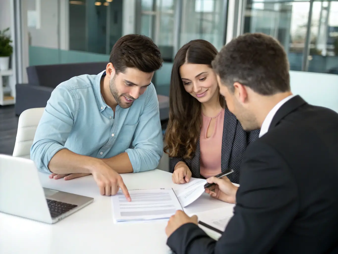 Image of a happy family reviewing mortgage documents with a broker in a modern office setting, symbolizing Mortgage Gateway's refinancing service.