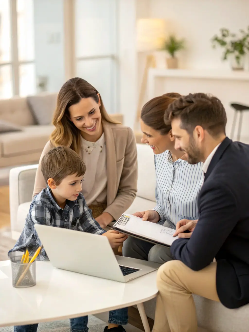 Image of a happy family reviewing mortgage documents with a broker in a modern office setting, representing Mortgage Gateway's refinancing services.