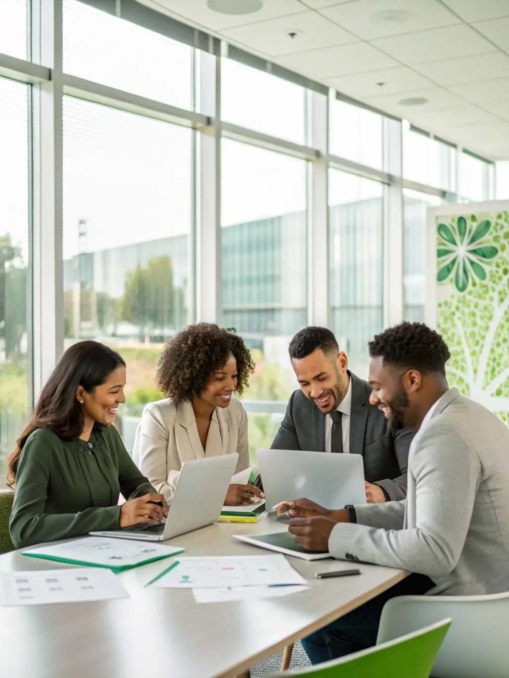 A diverse group of business professionals meeting in a modern office space, symbolizing Mortgage Gateway's commitment to supporting commercial ventures.